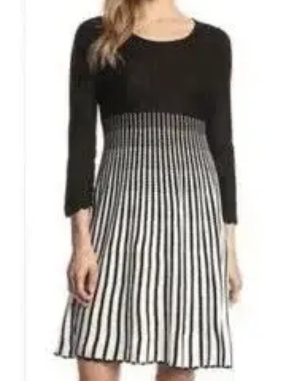 Calvin Klein Black & White Knit Sweater Dress Scoop Neck Crochet Trim Bell Slv M
